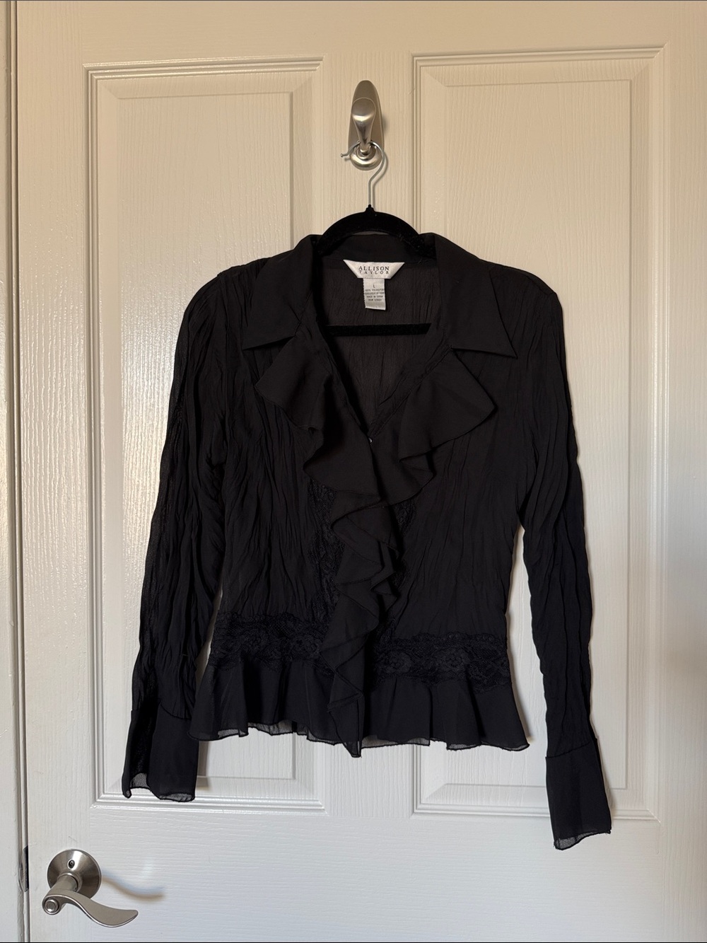 Allison Taylor Black Ruffle-Front Long Sleeve Blouse